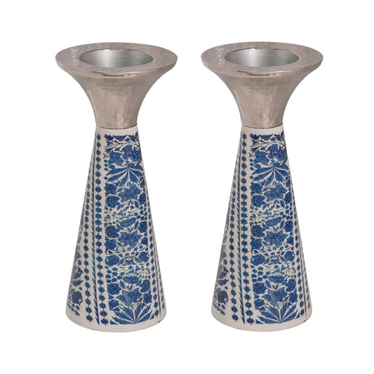 Neema Enamel Cone Candlesticks, Short Blue