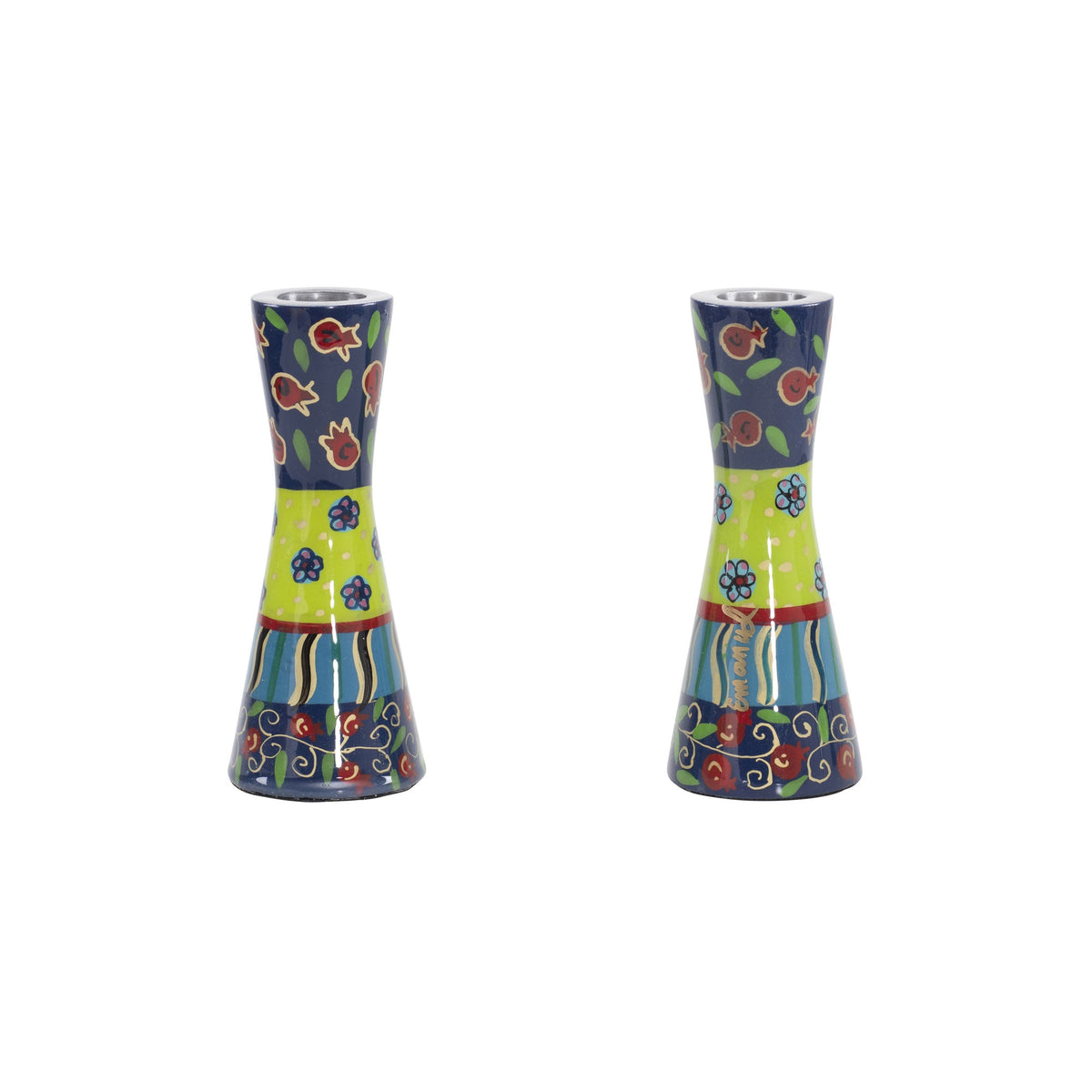 Hand Painted Metal Shabbat Candlesticks, 4.7"
