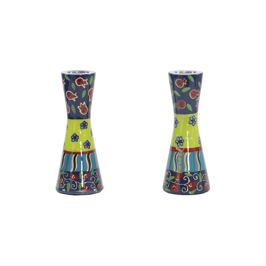 Hand Painted Metal Shabbat Candlesticks, 4.7"