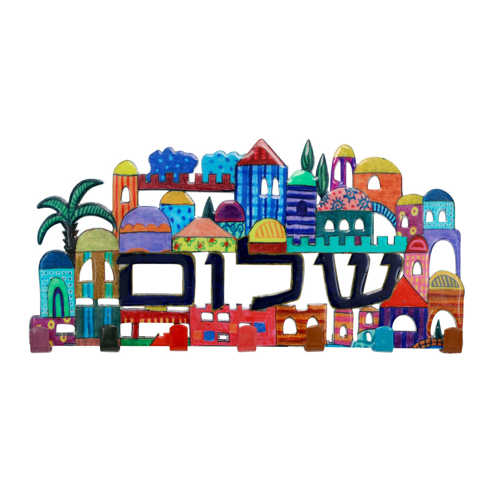 Laser Cut Metal Key Holder, Shalom Jerusalem 10"