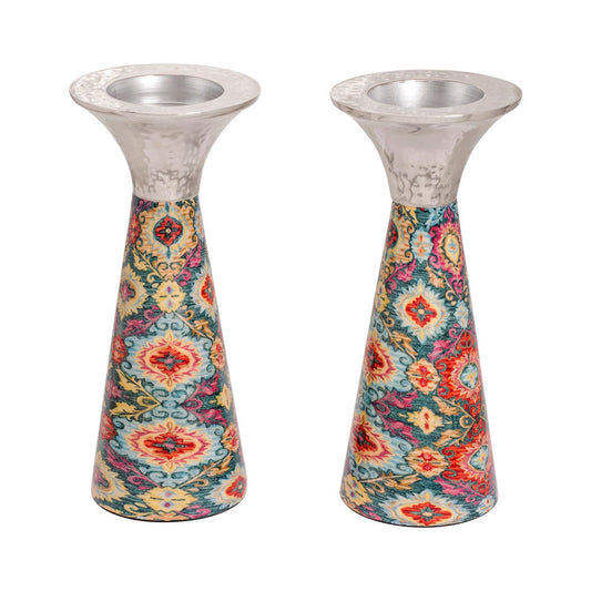 Cone Metal Shabbat Candlesticks, Multicolor Embroidery Pattern