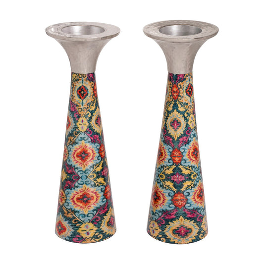 Cone Metal Shabbat Candlesticks, Tall Multicolor