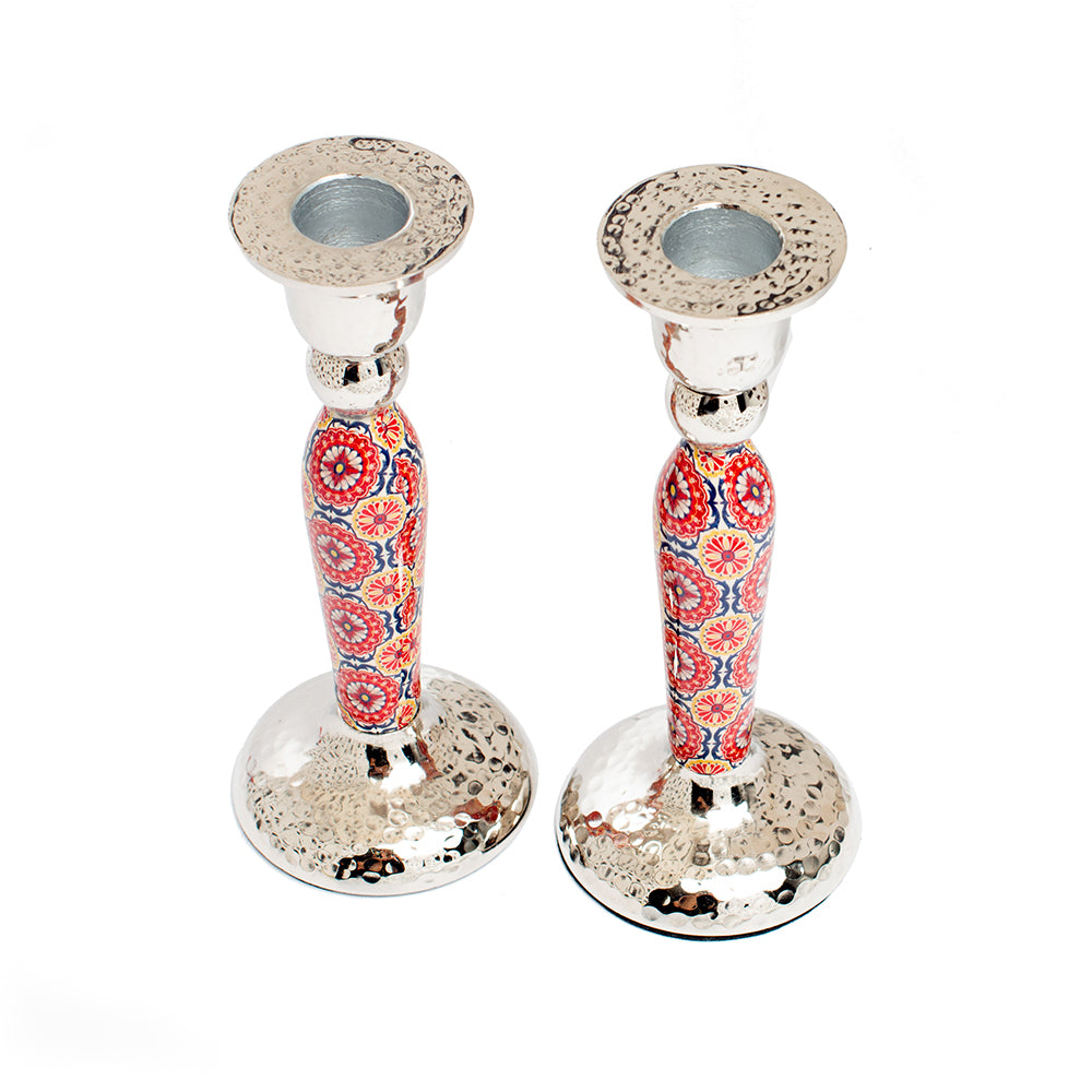 Hammered Aluminum Shabbat Candlesticks, Mosaic Maroon