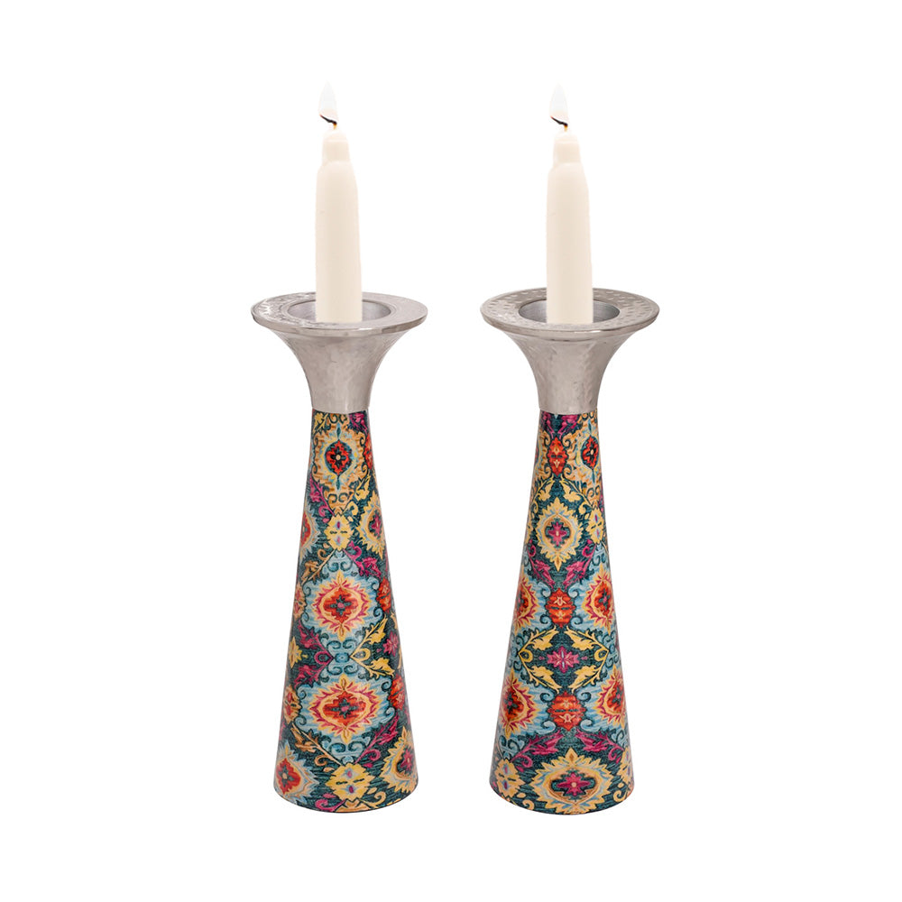 Cone Metal Shabbat Candlesticks, Tall Multicolor