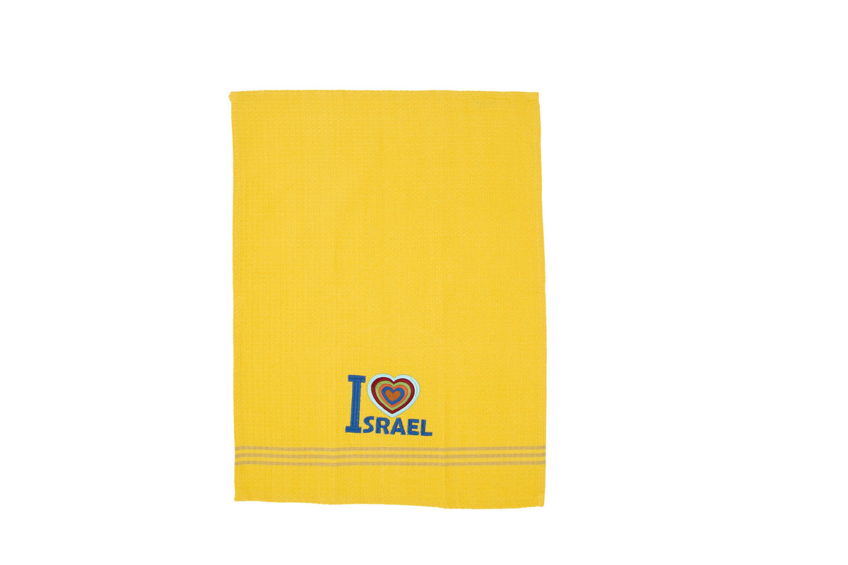 Embroidered Cotton Dish Towel, I Love Israel, Yellow
