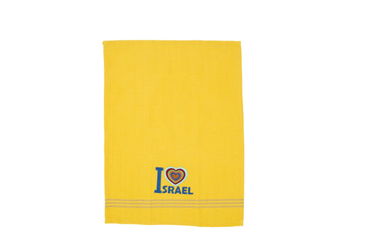Embroidered Cotton Dish Towel, I Love Israel, Yellow