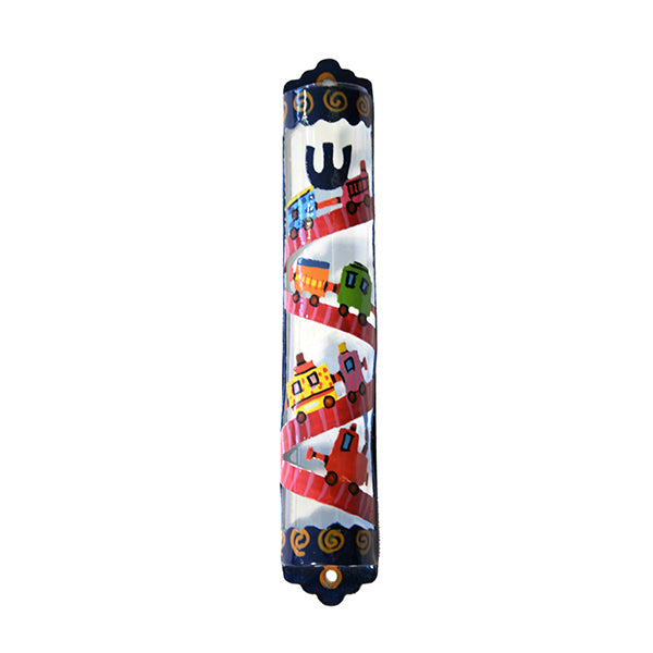 Hand Painted Metal Mezuzah Case, Train, 6"