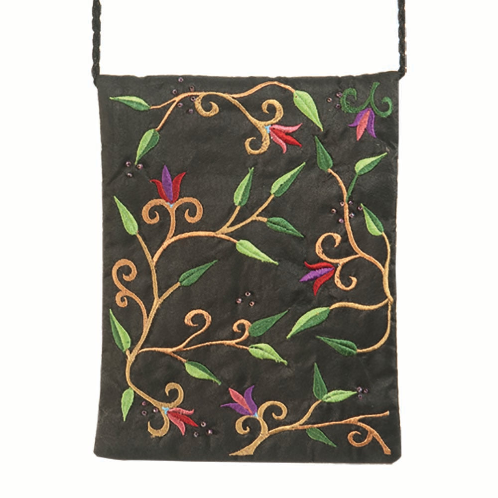 Embroidered Fabric Passport Bag, Flowers, Black