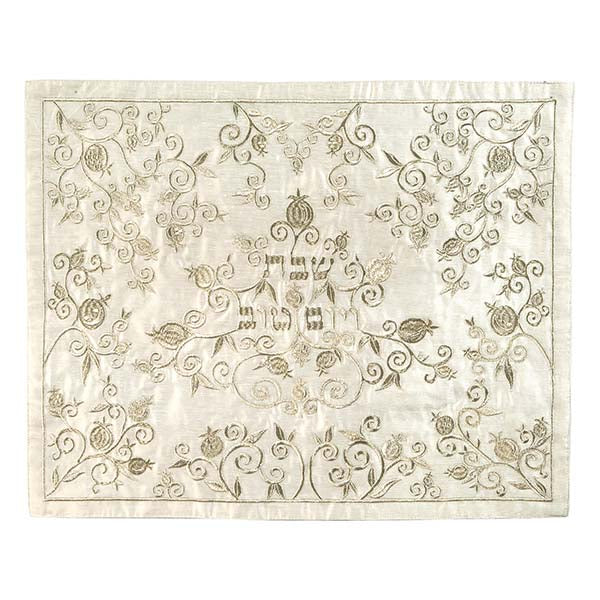 Embroidered Cotton Blend Challah Cover, Pomegranate, Silver