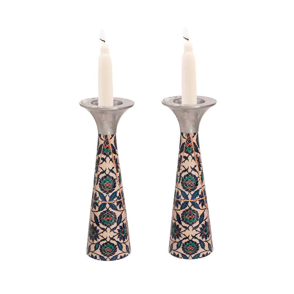 Neema Enamel Cone Candlesticks, Oriental Floral