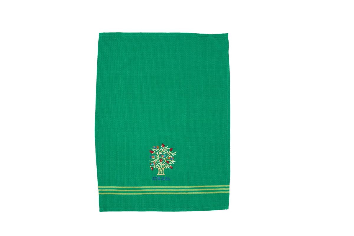 Embroidered Cotton Dish Towel, Tree of Life Israel, Green