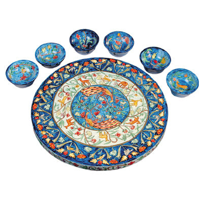 Hand Painted Wood Seder Plate with Six Bowls, Peacocks