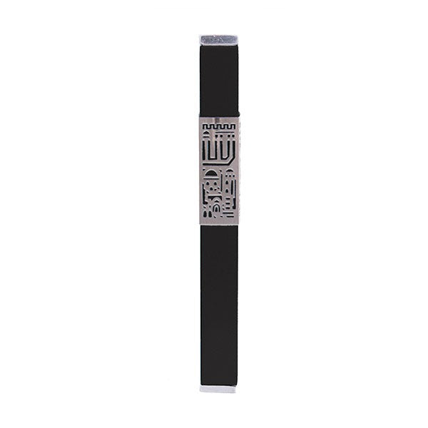 Metal and Black Mezuzah Case, Jerusalem Cutout, 6"