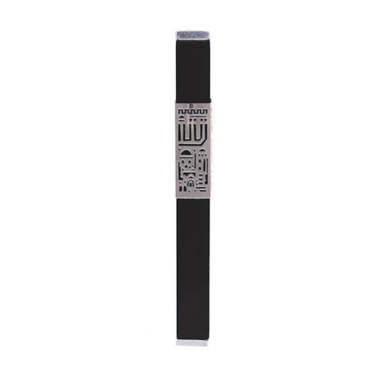 Metal and Black Mezuzah Case, Jerusalem Cutout, 6"