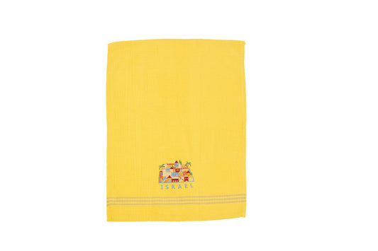 Embroidered Cotton Dish Towel, Jerusalem Houses, Yellow