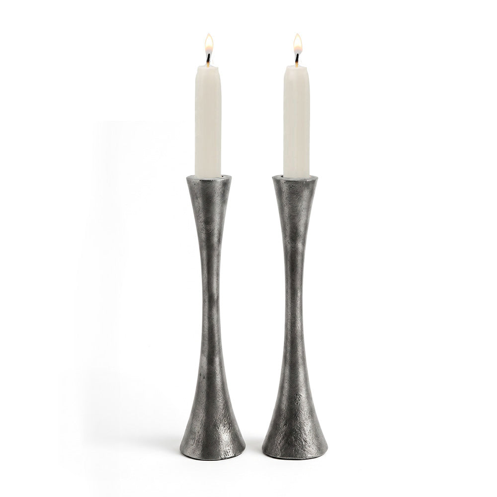Modern Tapered Aluminum Shabbat Candlesticks, Antique Silver