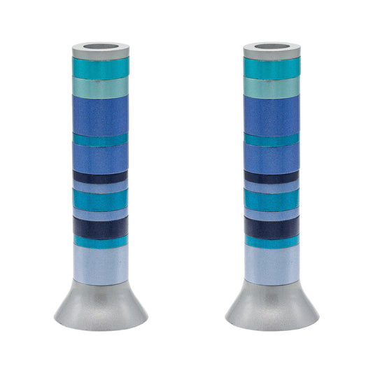 Ringed Aluminum Shabbat Candlesticks, Blue