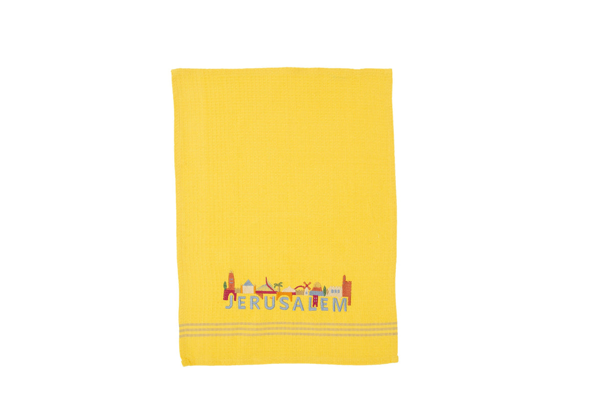Embroidered Cotton Dish Towel, Jerusalem Skyline, Yellow