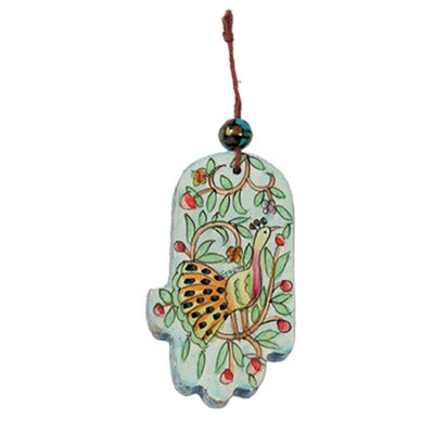 Hand Painted Wood Hamsa, Peacock, 3.5"