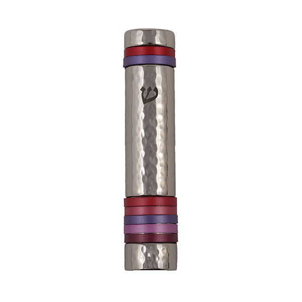 Hammered Metal Mezuzah, Maroon Rings, 5.5"