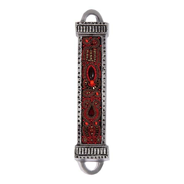 Metal Mezuzah Case with Embroidery Detail, Maroon