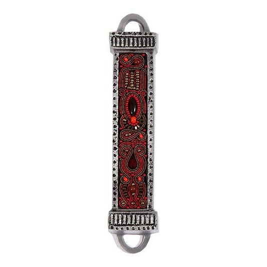 Metal Mezuzah Case with Embroidery Detail, Maroon