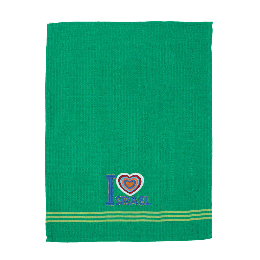 Embroidered Cotton Dish Towel, I Love Israel, Green
