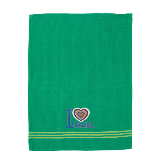 Embroidered Cotton Dish Towel, I Love Israel, Green