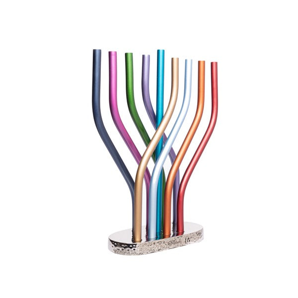 Modern Anodized Aluminum Menorah, Multicolor Flame