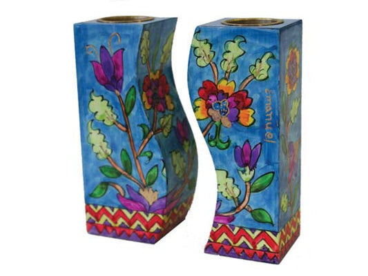 Hand Painted Wood Candlesticks, Oriental Flowers
