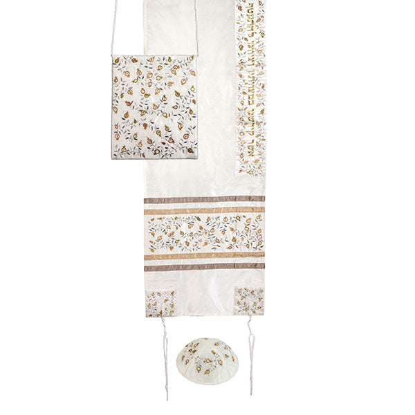Embroidered Tallit Set, Pomegranate Silver and Gold