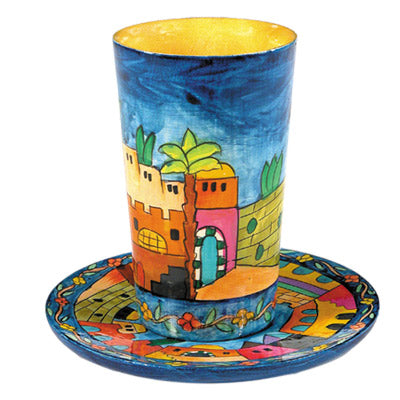 Hand Painted Wood Kiddush Cup and Plate, Jerusalem