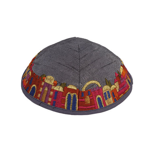 Jerusalem Embroidered Kippah, Gray