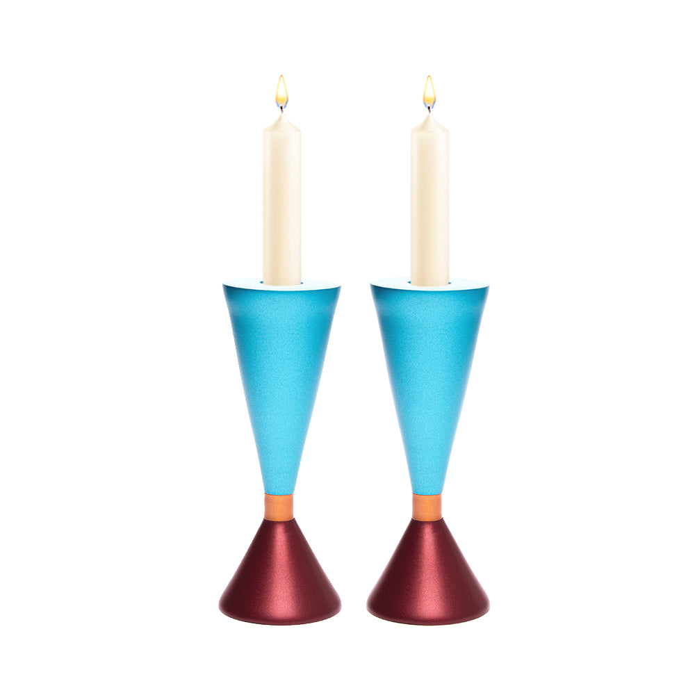 Modern Two-Sided Aluminum Candlesticks, Red & Turquoise