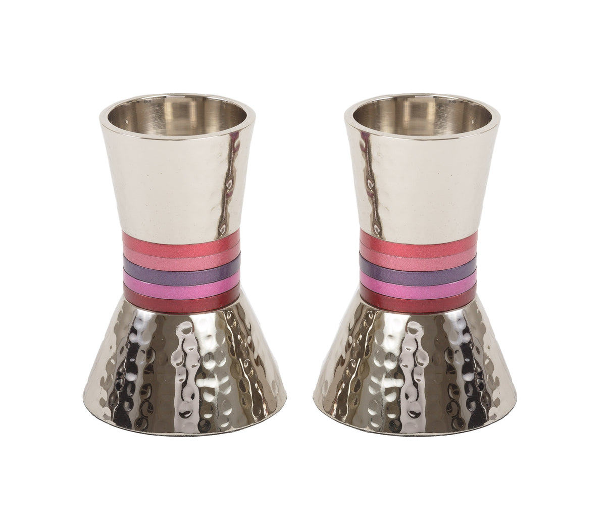 Hammered Metal Shabbat Candlesticks, Maroon Rings