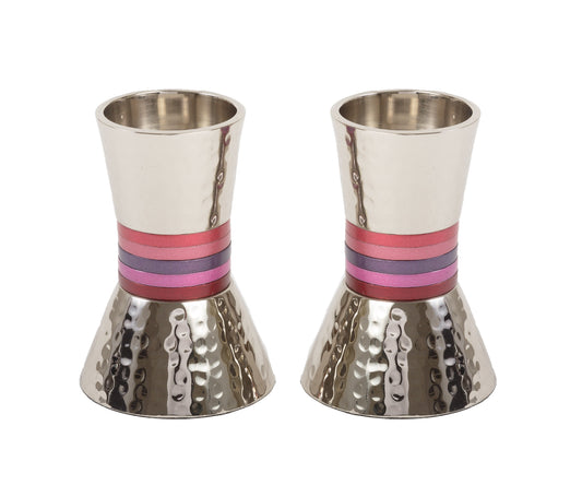 Hammered Metal Shabbat Candlesticks, Maroon Rings