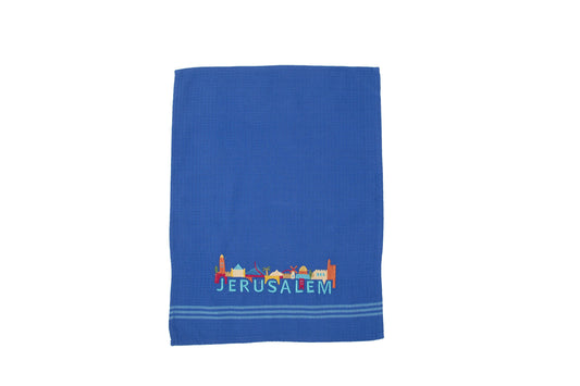 Embroidered Cotton Dish Towel, Jerusalem Skyline, Blue