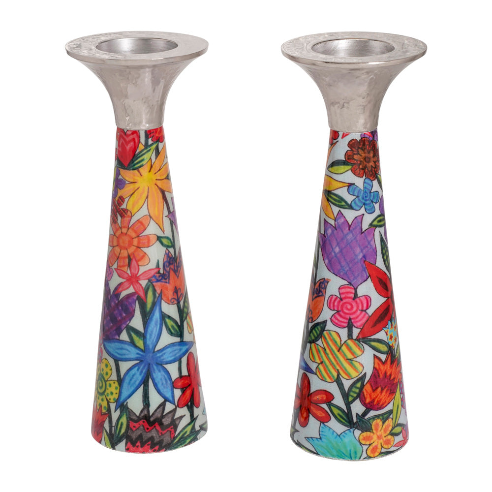 Neema Enamel Cone Shabbat Candlesticks, Tall Floral