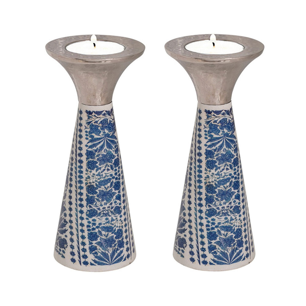 Neema Enamel Cone Candlesticks, Short Blue