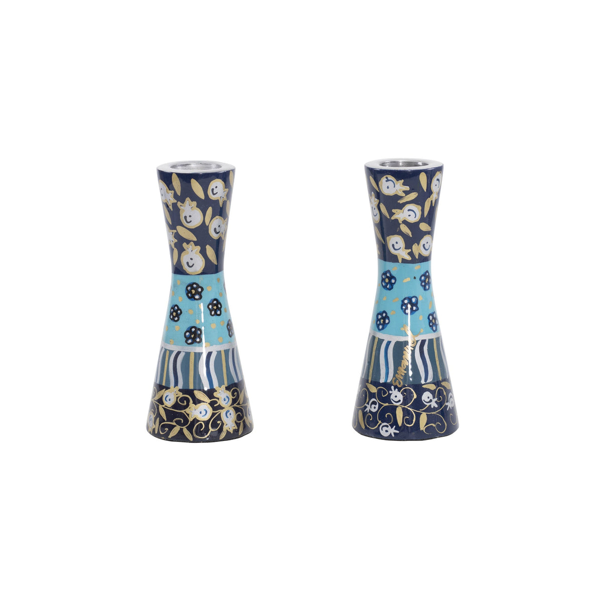 Hand Painted Metal Shabbat Candlesticks, Blue Layers