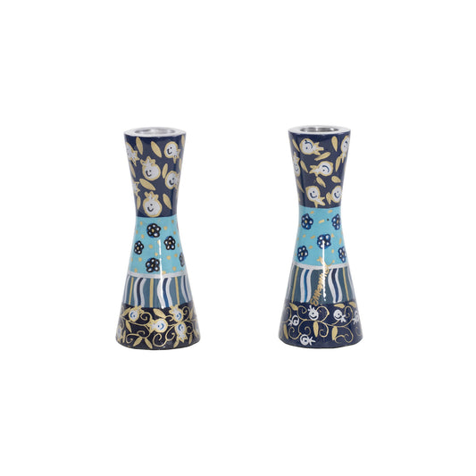 Hand Painted Metal Shabbat Candlesticks, Blue Layers