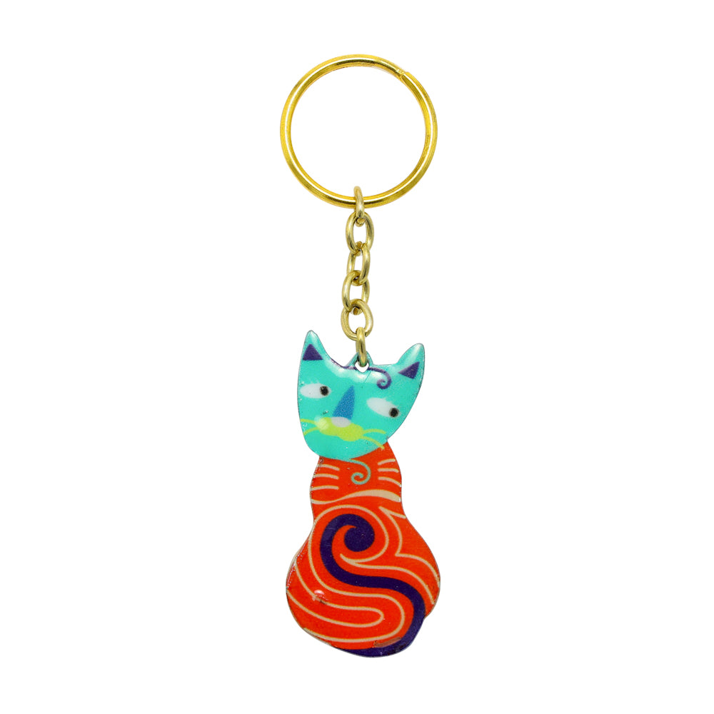 Metal Cat Key Chain, Turquoise and Orange