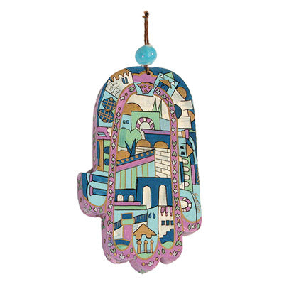 Hand Painted Wood Hamsa, Jerusalem Blue, 6"