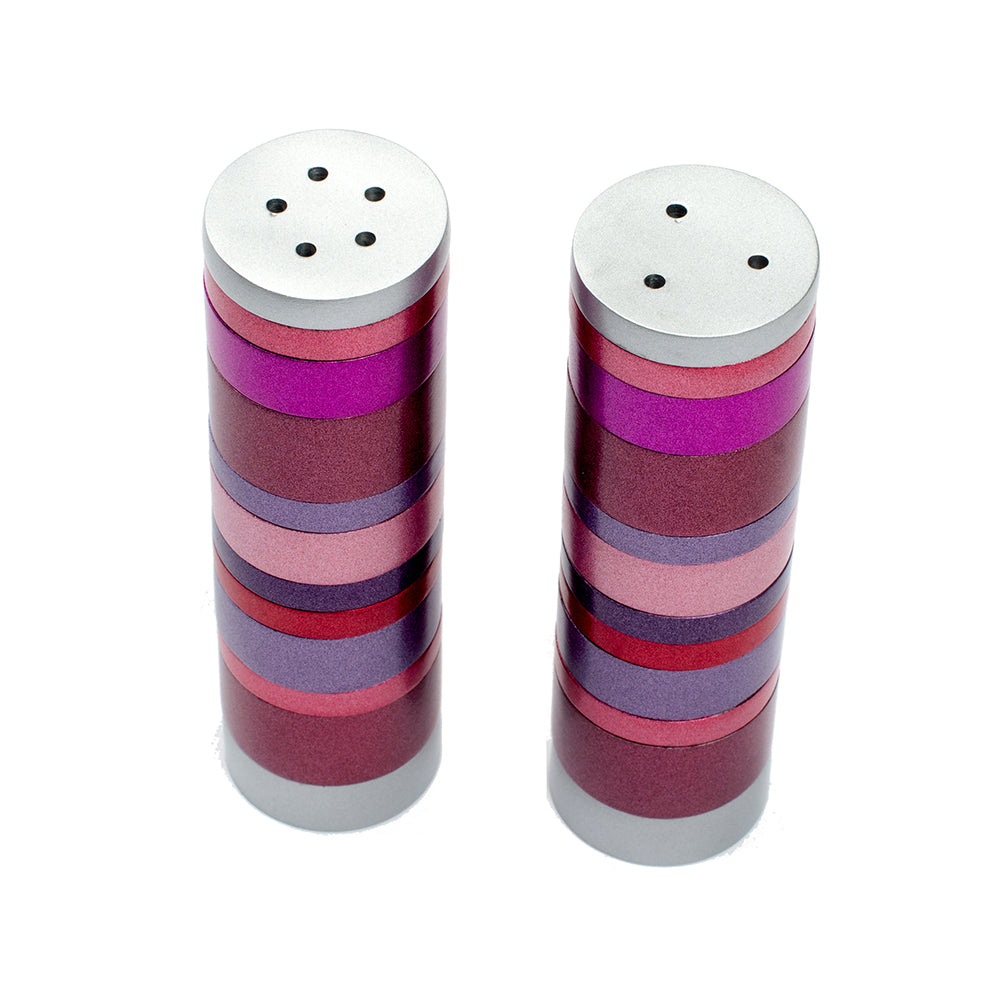 Anodized Aluminum Salt & Pepper Shakers, Maroon Rings