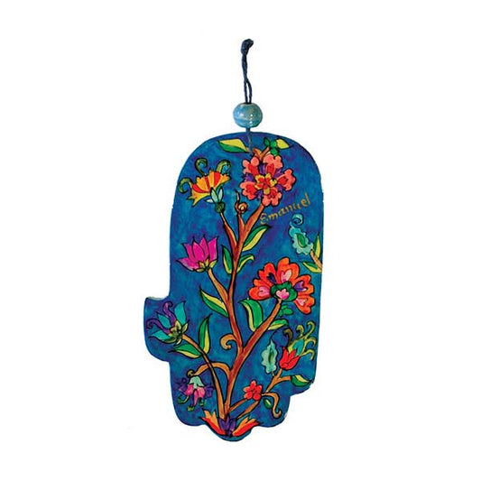 Hand Painted Wood Hamsa, Flowers, 6"