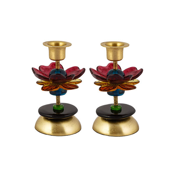 Hand Painted Resin Shabbat Candlesticks, Flower