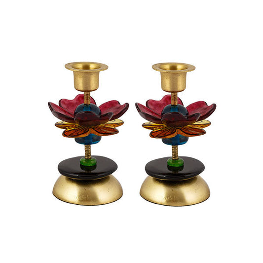 Hand Painted Resin Shabbat Candlesticks, Flower