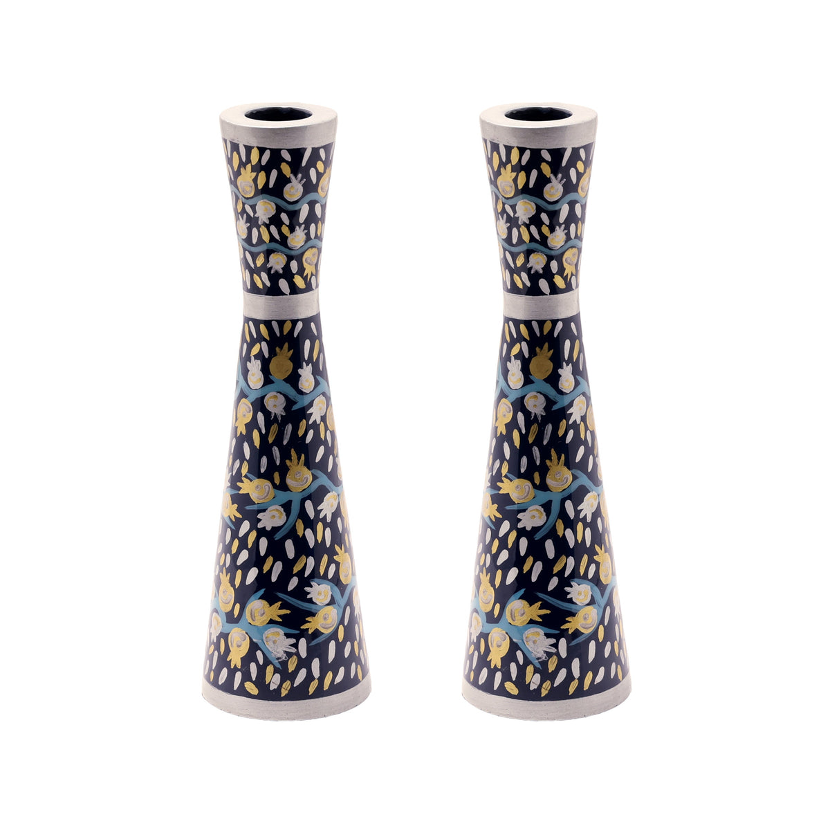 Hand Painted Metal Shabbat Candlesticks, Pomegranate