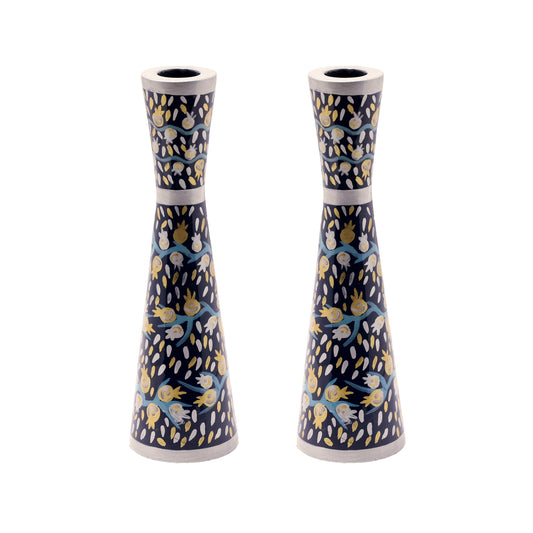 Hand Painted Metal Shabbat Candlesticks, Pomegranate