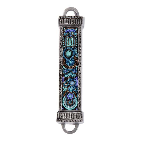 Beaded Metal Mezuzah Case, Turquoise